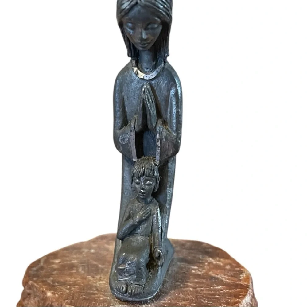 Miniature Madonna and Child, pewter on marble, stylized, excellent condition